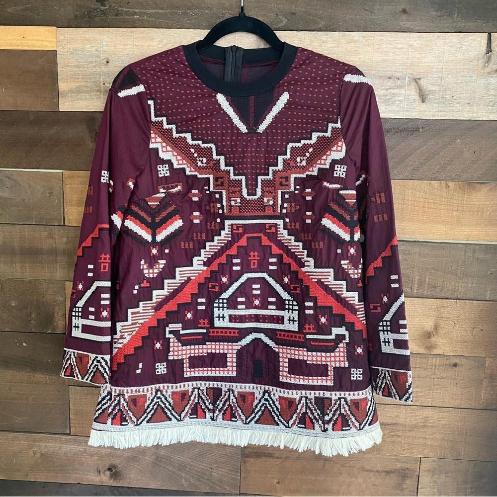Tory Burch Tapestry Jacquard Fringed Trim Rust Multi Shirt
